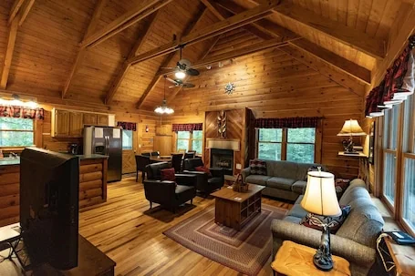 Large Log home, private pond with dock, pool table, hot tub & internet.