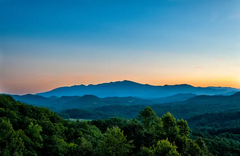 Blue Ridge Mountains near Asheville at sunset with layered ridges