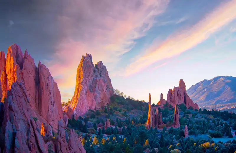 Pikes Peak framed by red rock at Garden of the Gods, Colorado Springs