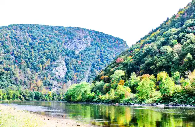 The Delaware Water Gap with the river and forested ridges in early fall