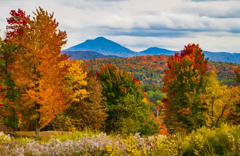 Vermont mountain peak rising above hillsides of red and orange peak autumn foliage